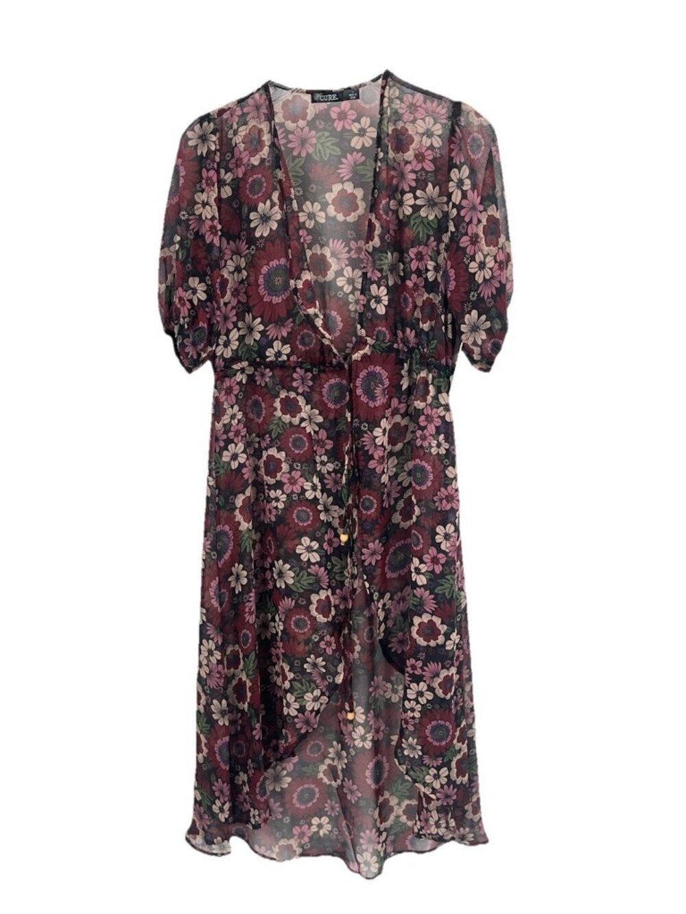 CURE Sheer Floral Duster Kimono Cover Up Boho Retro 70s Mesh Layer Sz L NWT